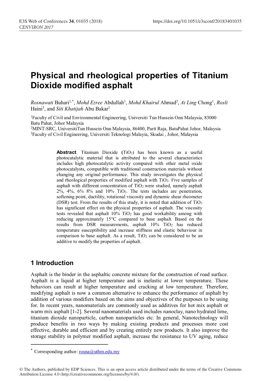 Physical and Rheological Properties of Titanium Dioxide Modified Asphalt