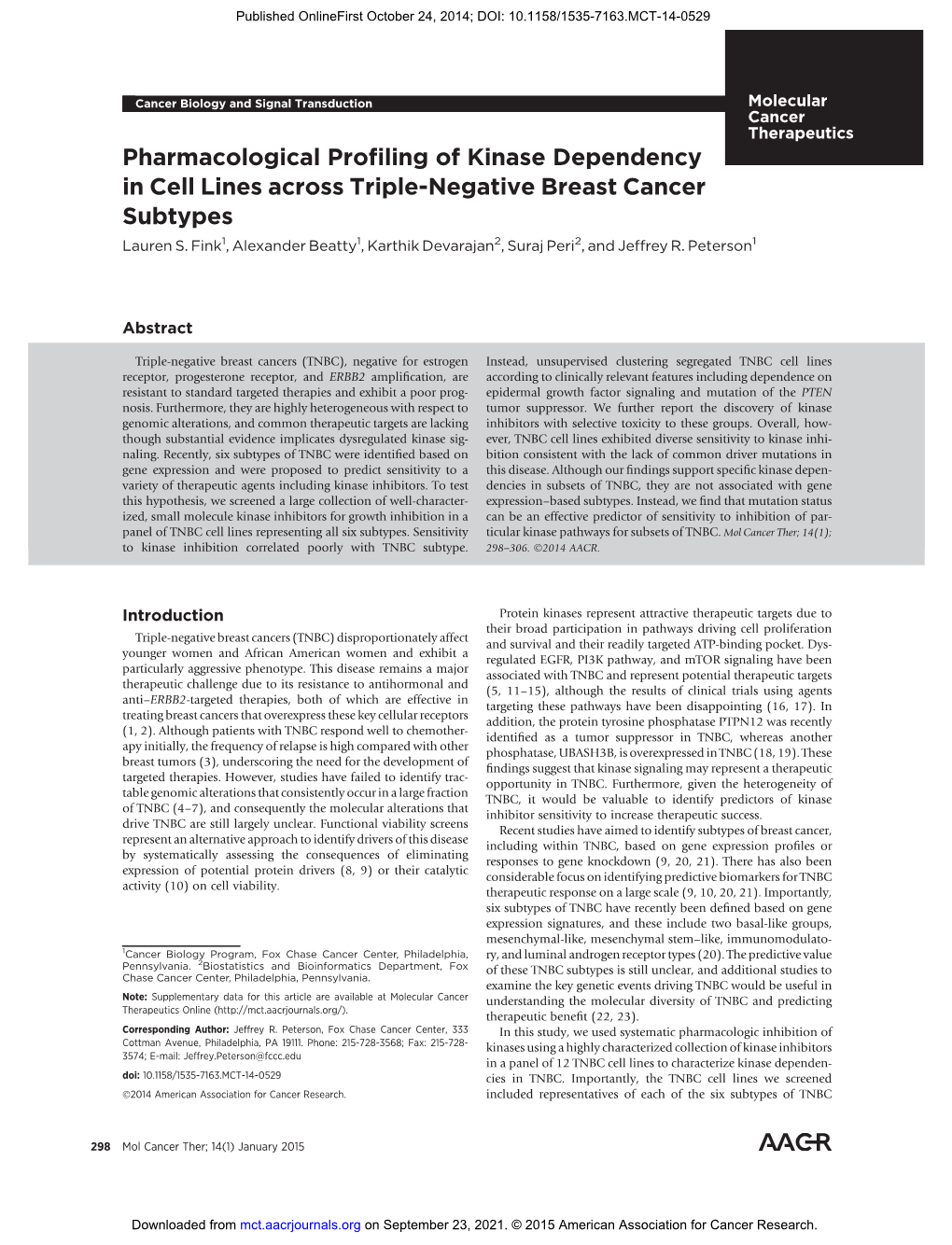 Pharmacological Profiling of Kinase Dependency in Cell Lines Across Triple-Negative Breast Cancer Subtypes