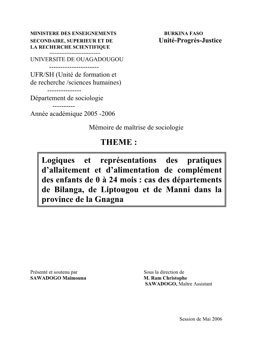 Logiques Et Représentations Des Pratiques D’Allaitement Et D’Alimentation De Complément