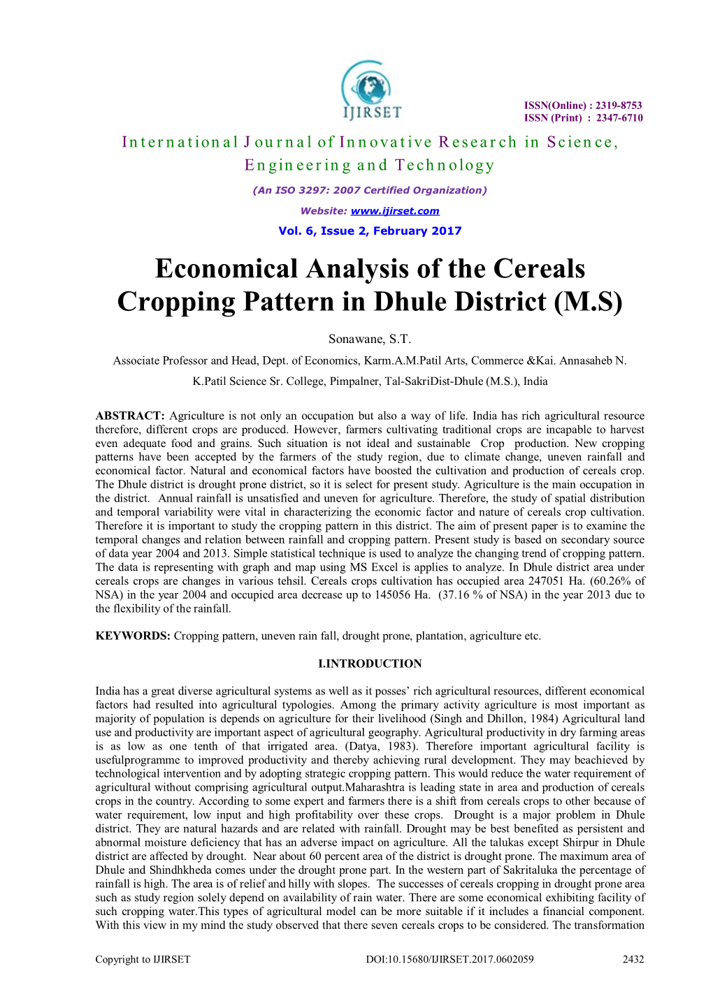 Economical Analysis of the Cereals Cropping Pattern in Dhule District (M.S)