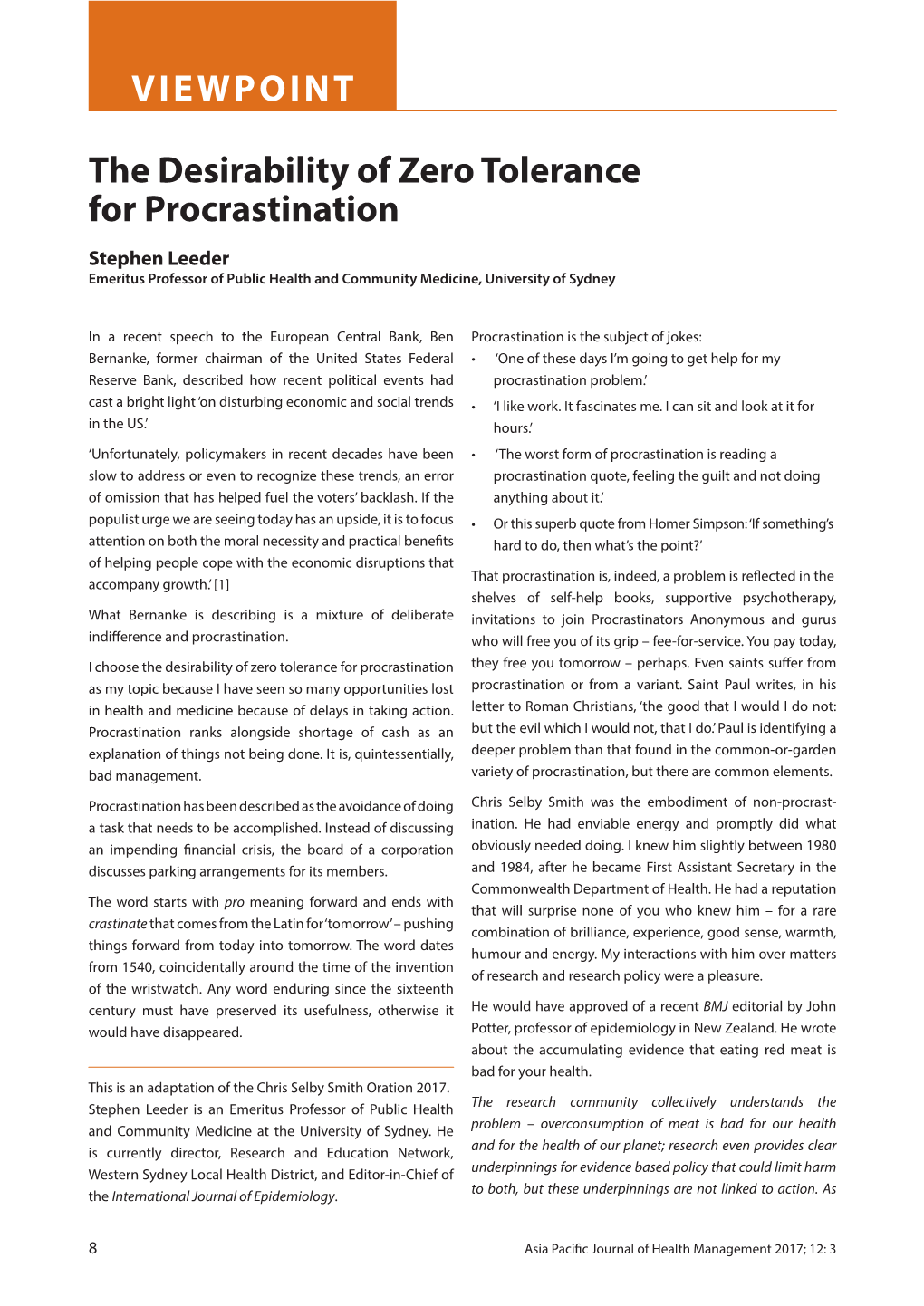 The Desirability of Zero Tolerance for Procrastination VIEWPOINT