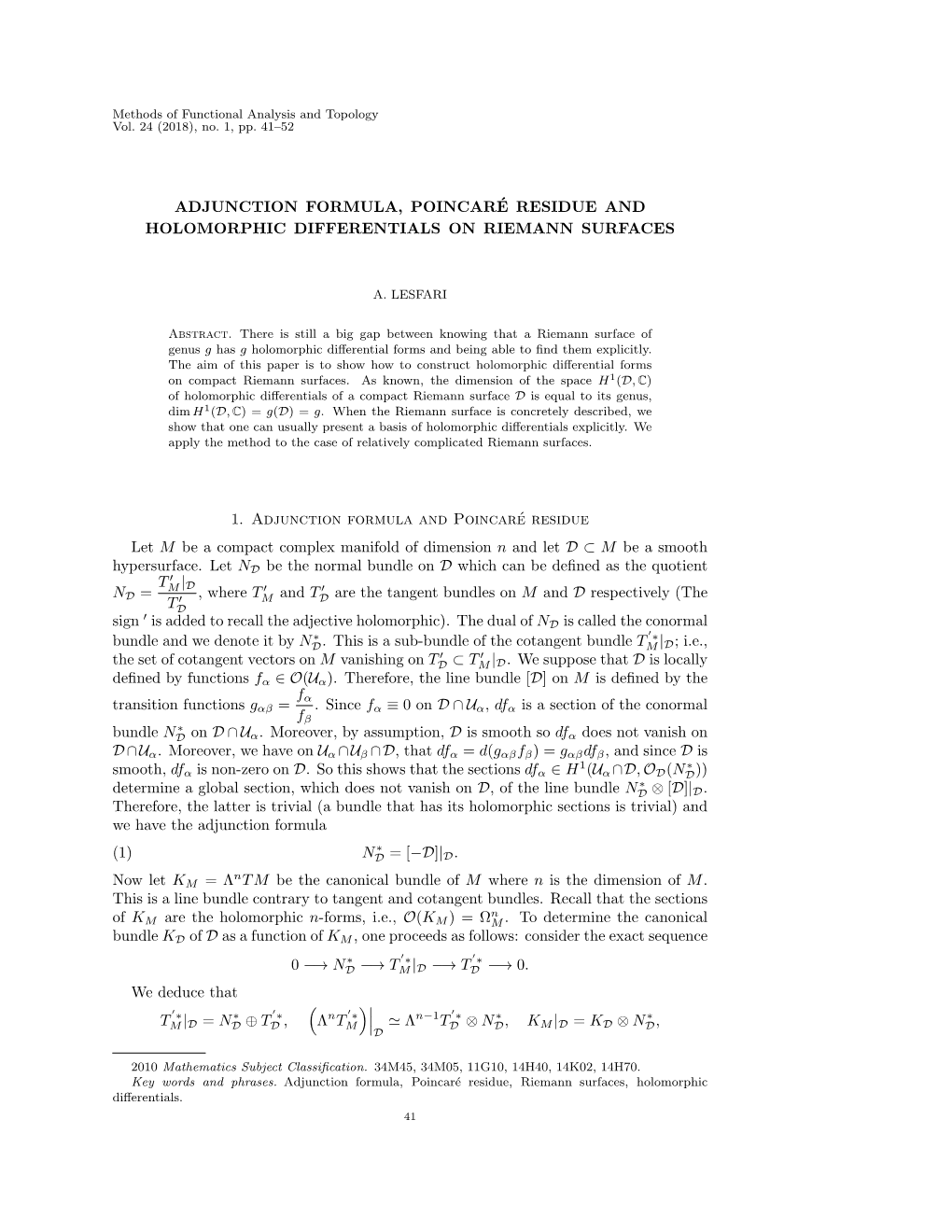 Adjunction Formula, Poincaré Residue and Holomorphic