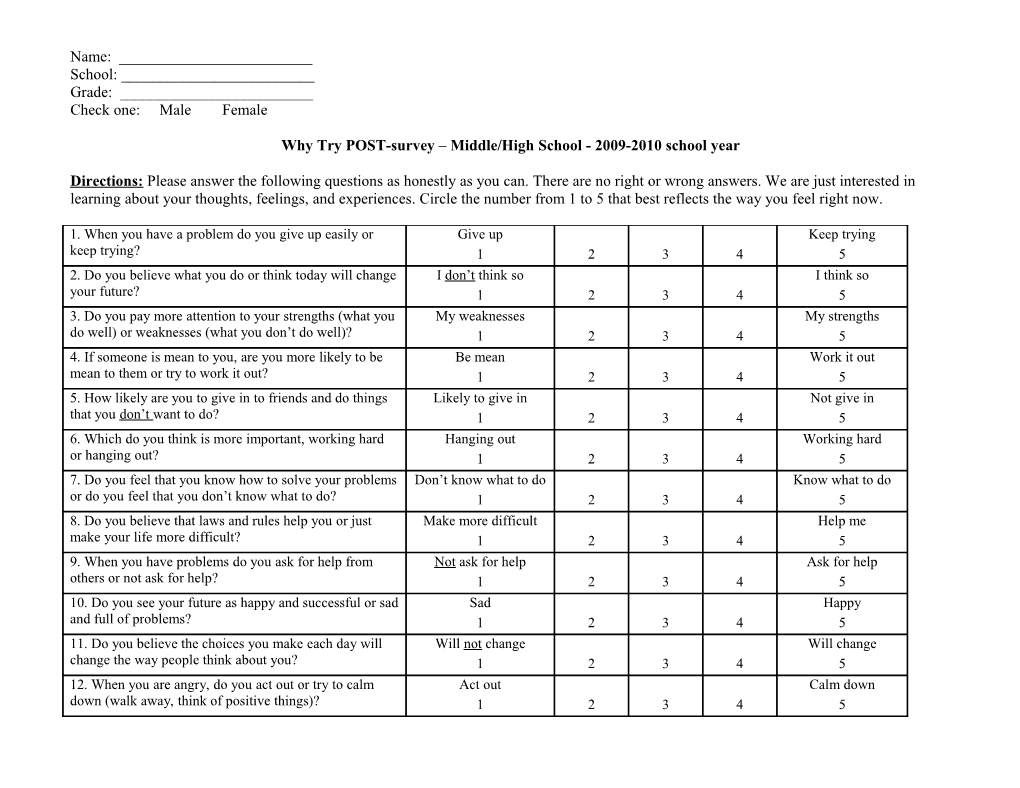 Why Try POST-Survey Middle/High School - 2009-2010 School Year