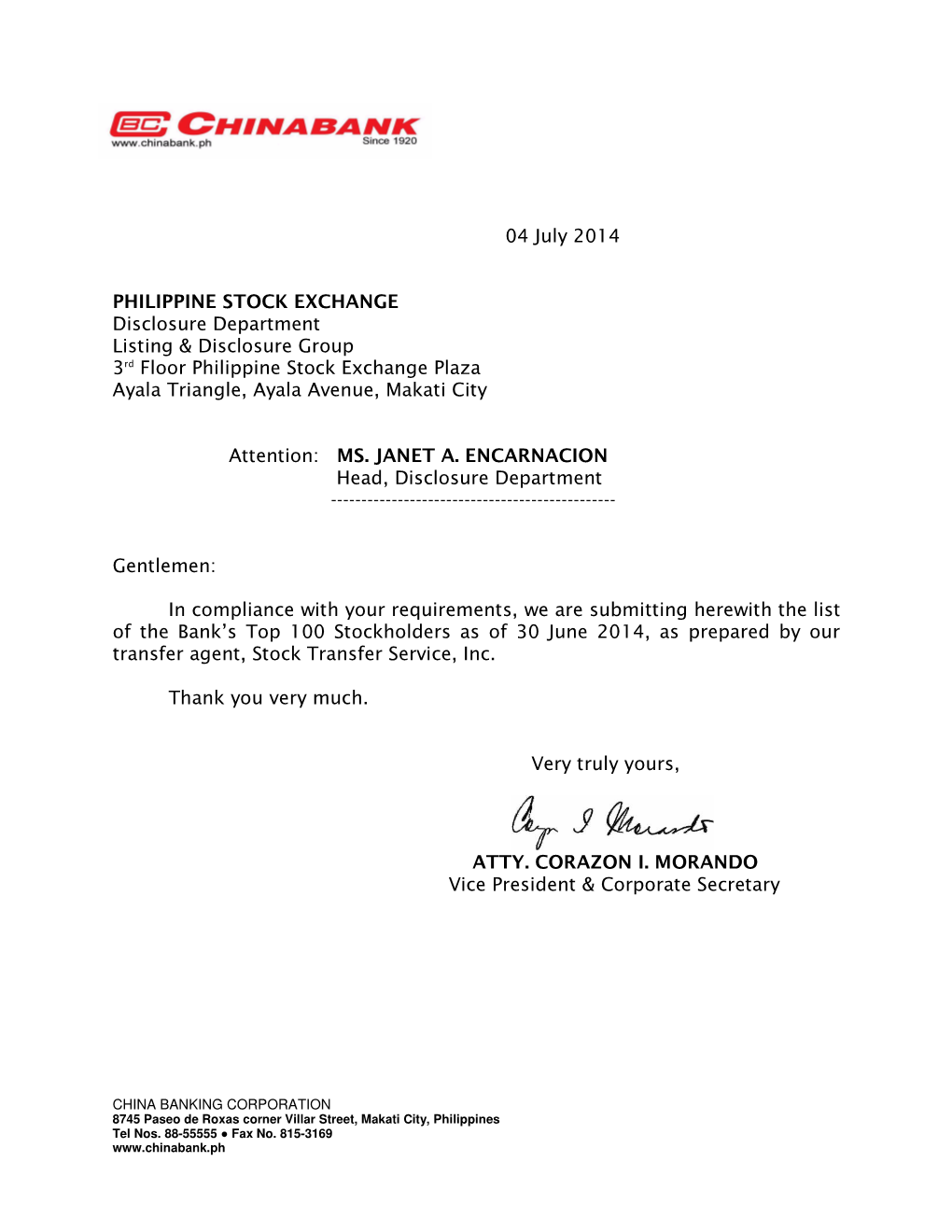 04 July 2014 PHILIPPINE STOCK EXCHANGE Disclosure