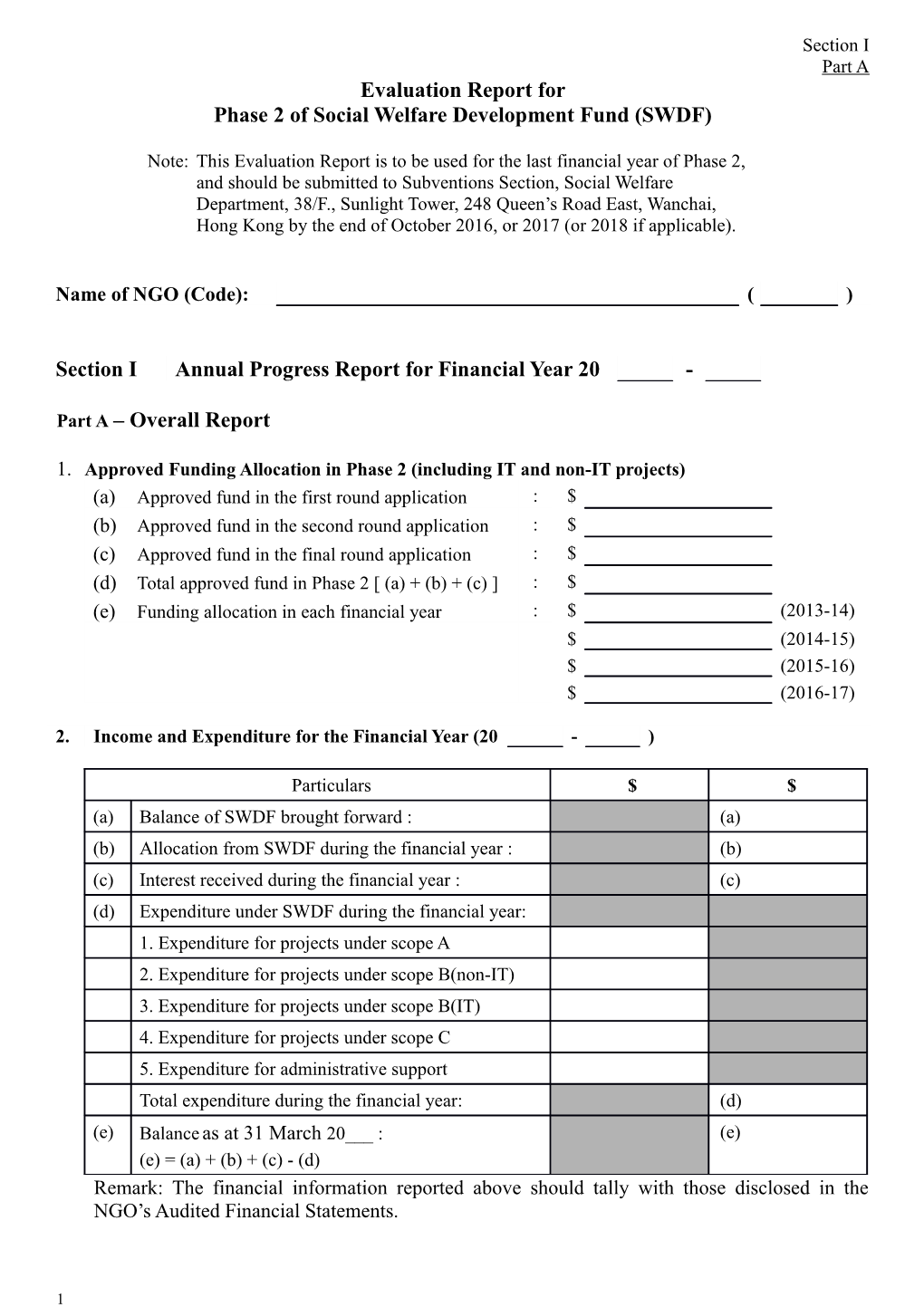 Application for Scheme a of Special One-Off Grant s1