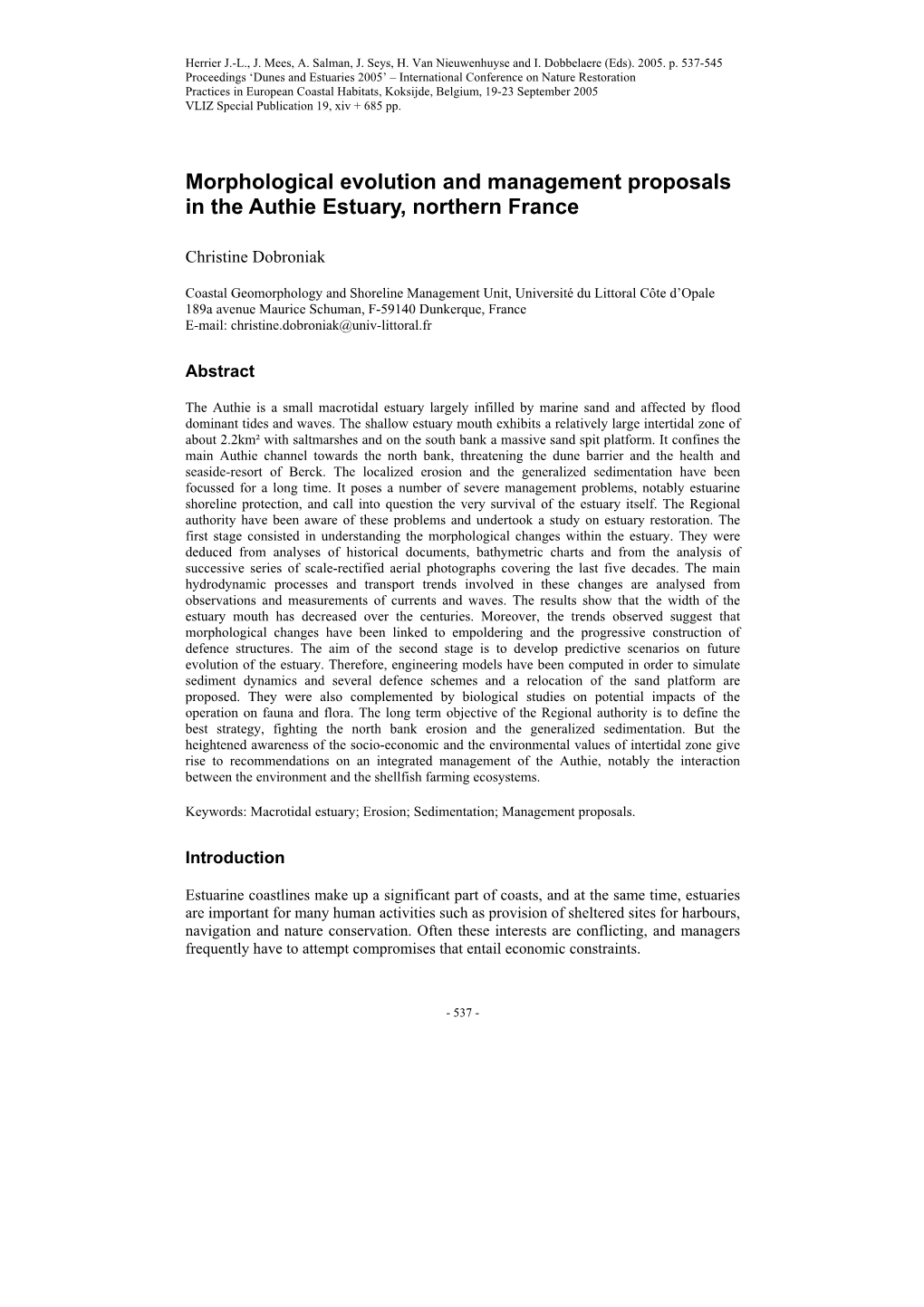 Morphological Evolution and Management Proposals in the Authie Estuary, Northern France