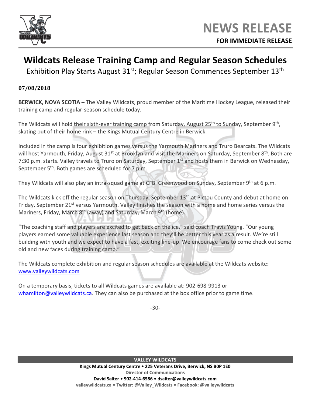 Wildcats Release Training Camp and Regular Season Schedules Exhibition Play Starts August 31St; Regular Season Commences September 13Th