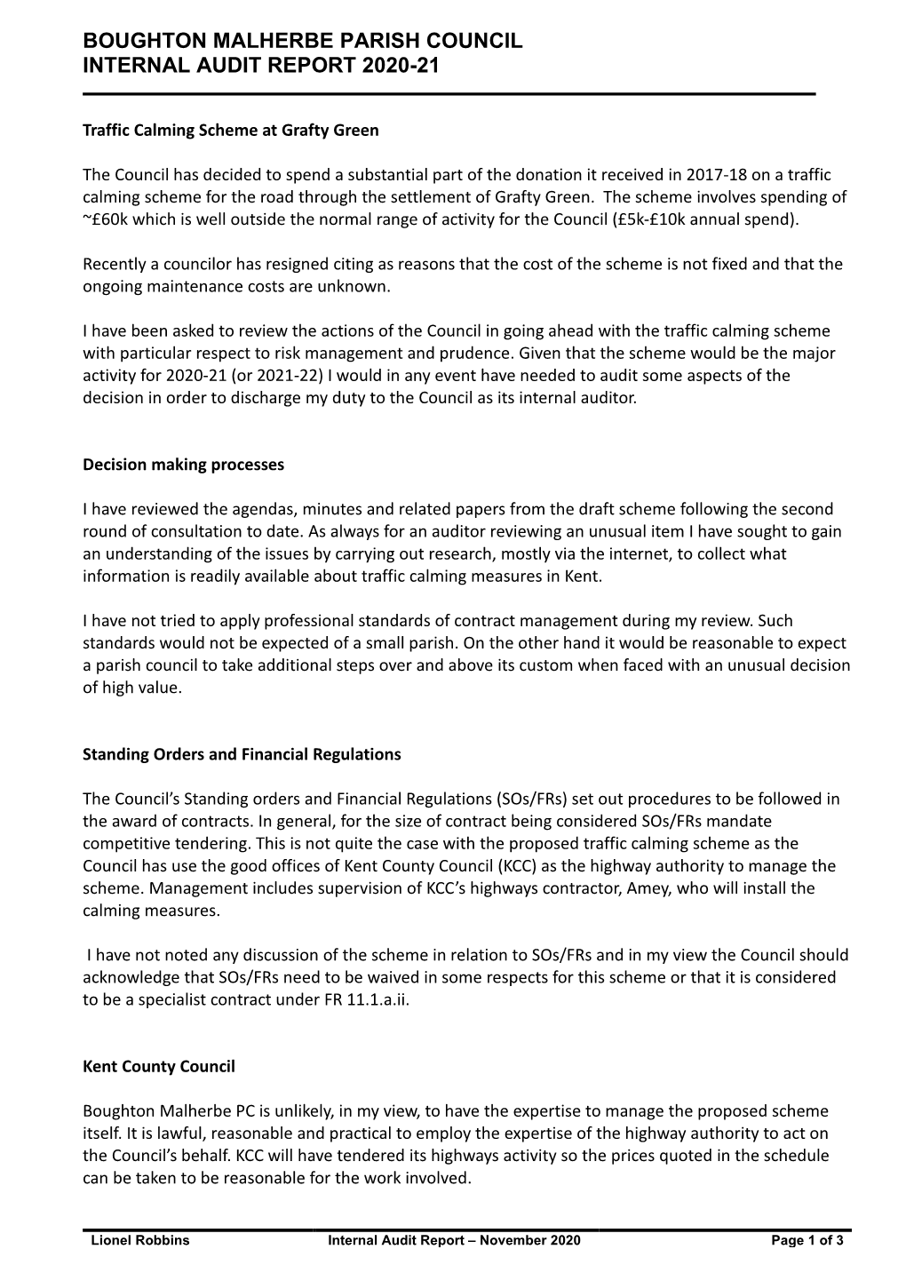 Boughton Malherbe Parish Council Internal Audit Report 2020-21