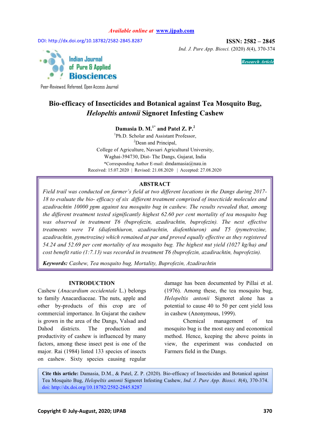 Bio-Efficacy of Insecticides and Botanical Against Tea Mosquito Bug, Helopeltis Antonii Signoret Infesting Cashew