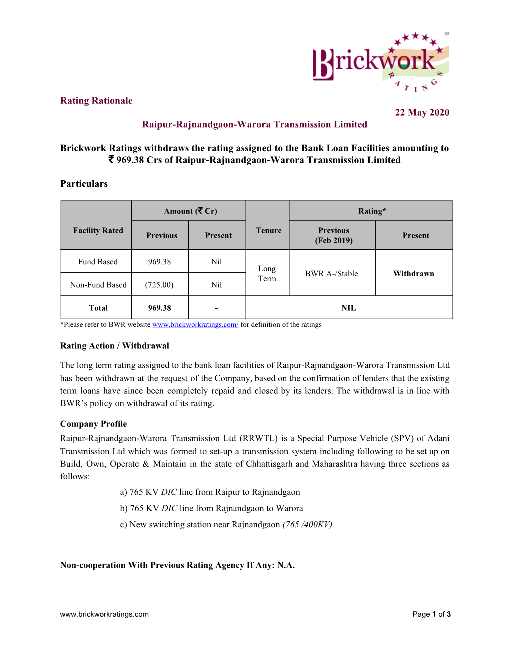 Rating Rationale ​ ​22 May 2020 Raipur-Rajnandgaon-Warora Transmission Limited