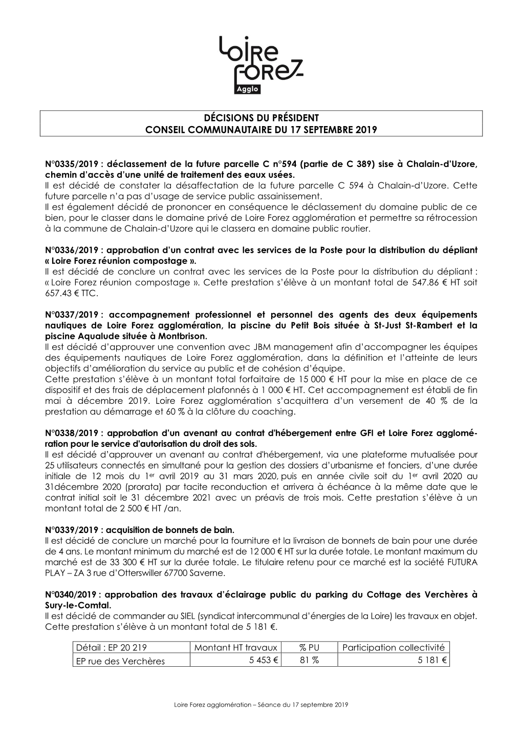 Décisions Du Président Conseil Communautaire Du 17 Septembre 2019