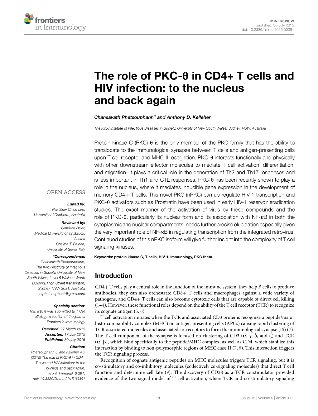 The Role of PKC-Θ in CD4+ T Cells and HIV Infection: to the Nucleus and Back Again