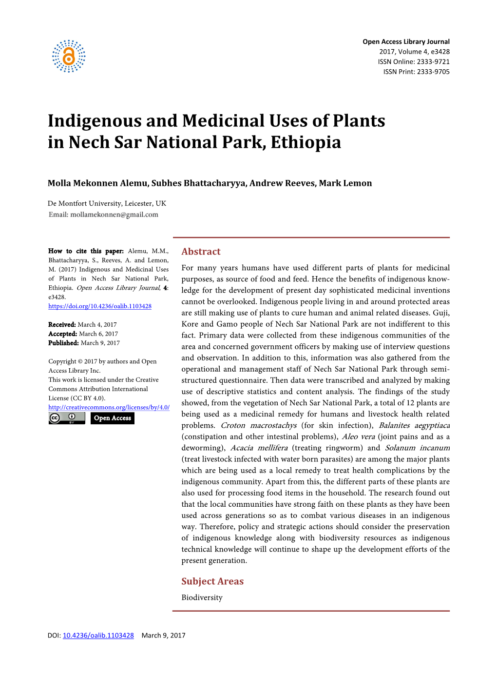 Indigenous and Medicinal Uses of Plants in Nech Sar National Park, Ethiopia