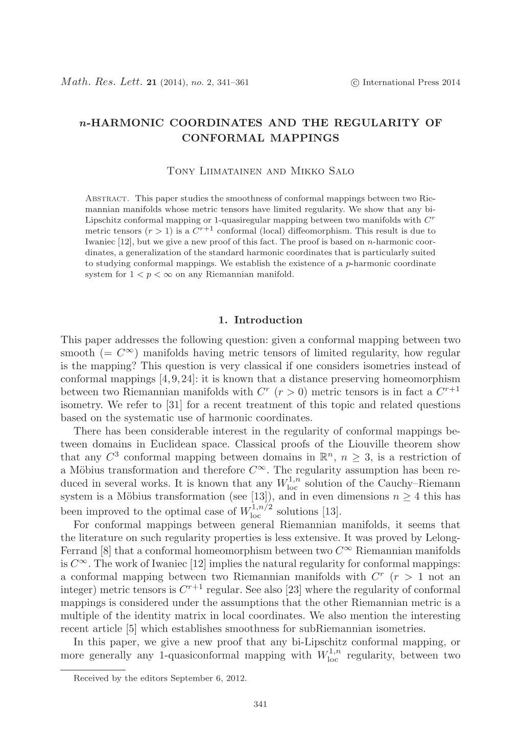 $ N $-Harmonic Coordinates and the Regularity of Conformal Mappings