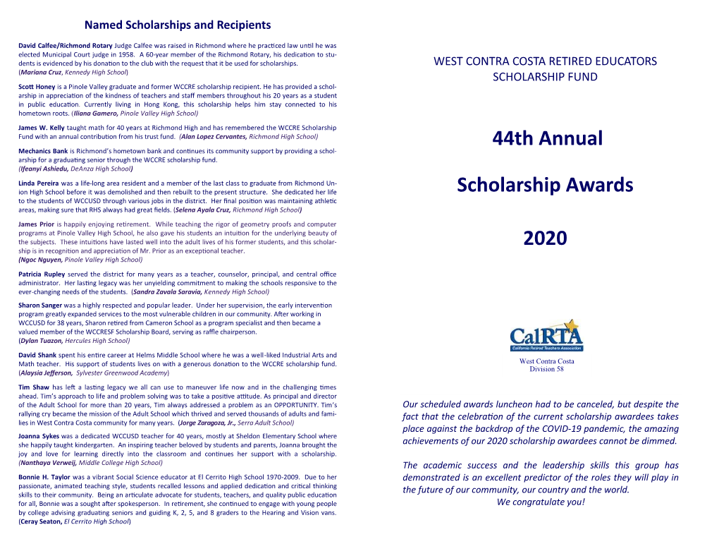 44Th Annual Scholarship Awards 2020