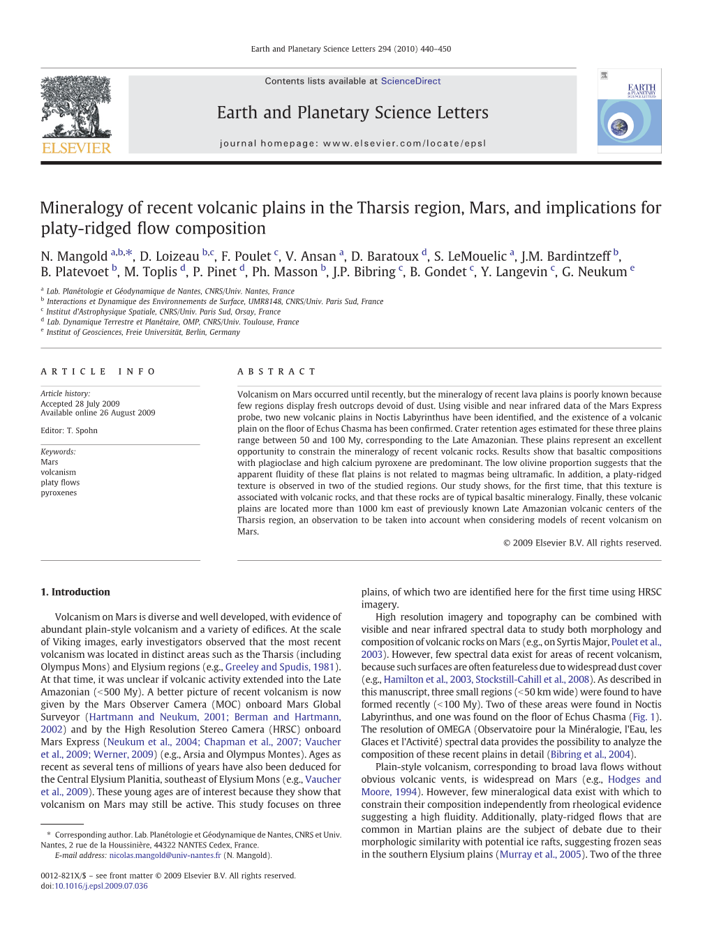 Mineralogy of Recent Volcanic Plains in the Tharsis Region, Mars, and Implications for Platy-Ridged ﬂow Composition