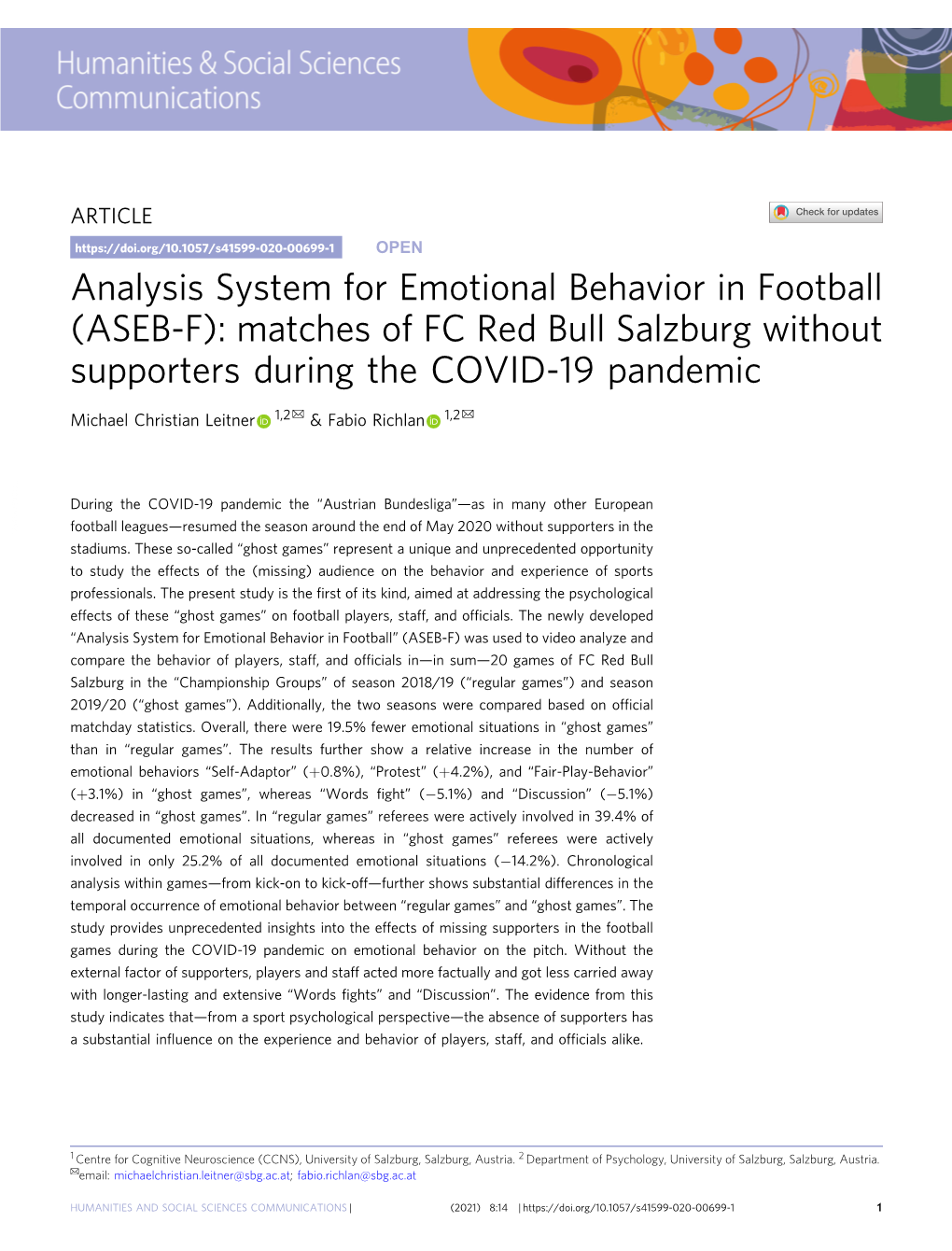 Analysis System for Emotional Behavior in Football