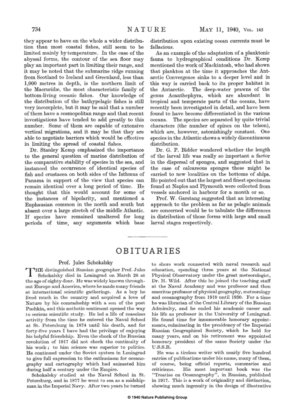 Prof. Jules Schokalsky to Shore Work Connected with Naval Research and HE Distinguished Russian Geographer Prof