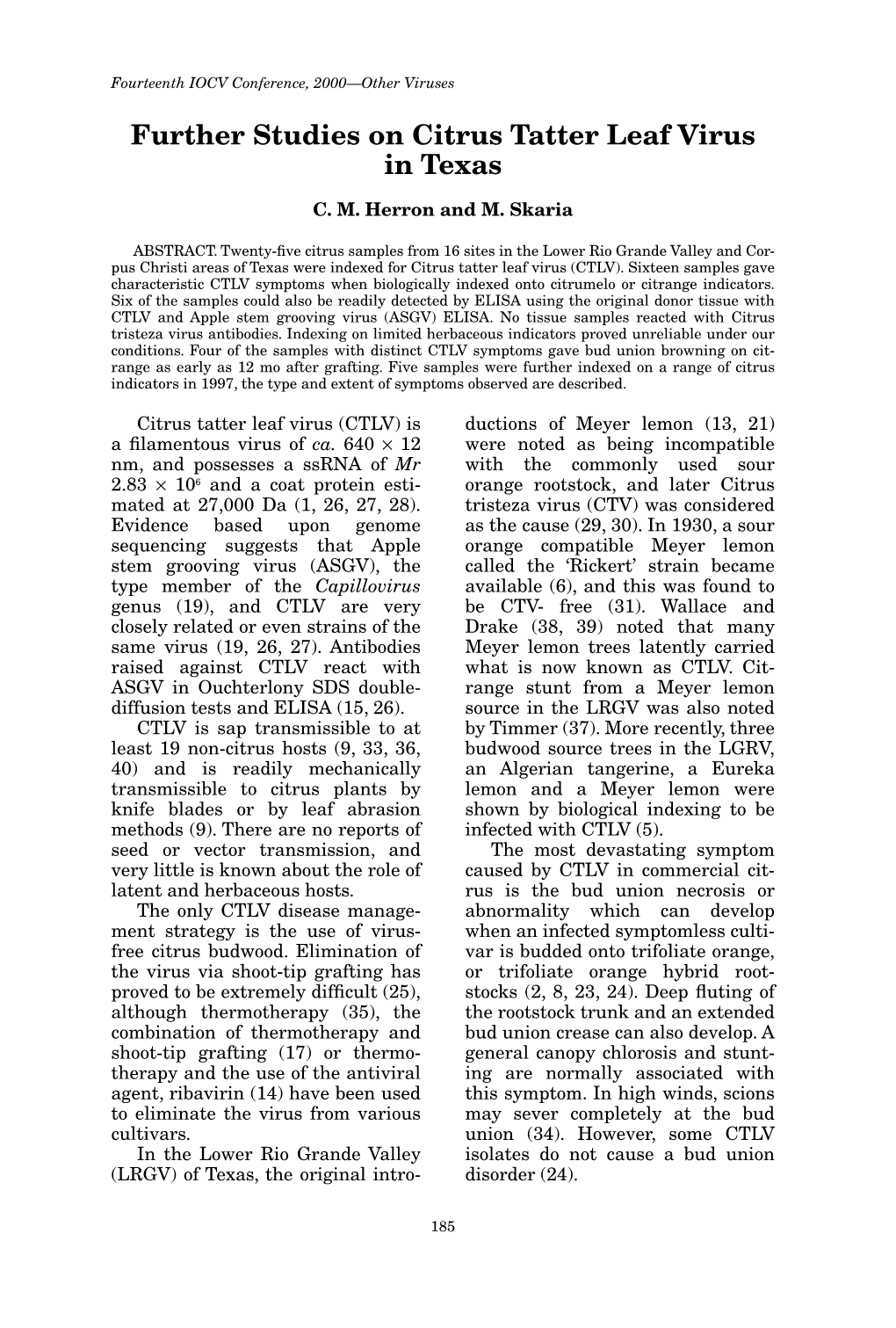 Further Studies on Citrus Tatter Leaf Virus in Texas