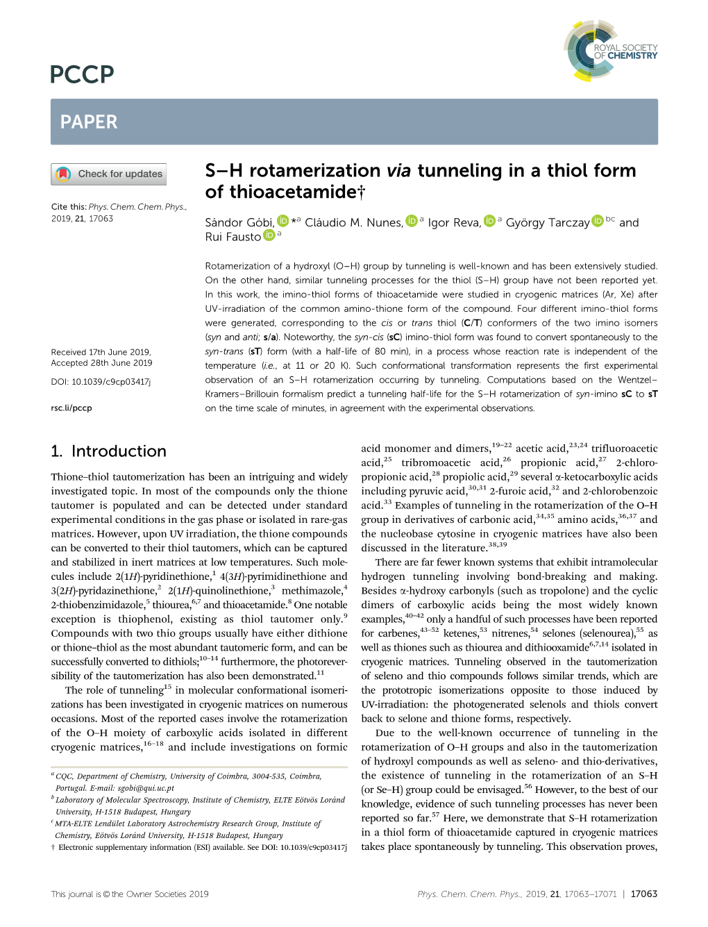 H Rotamerization Via Tunneling in a Thiol Form of Thioacetamide† Cite This: Phys