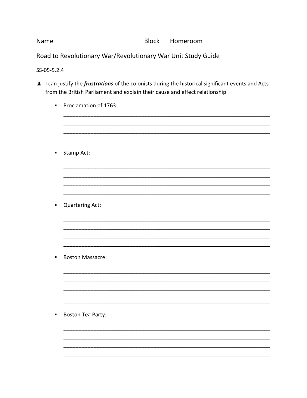 Road to Revolutionary War/Revolutionary War Unit Study Guide