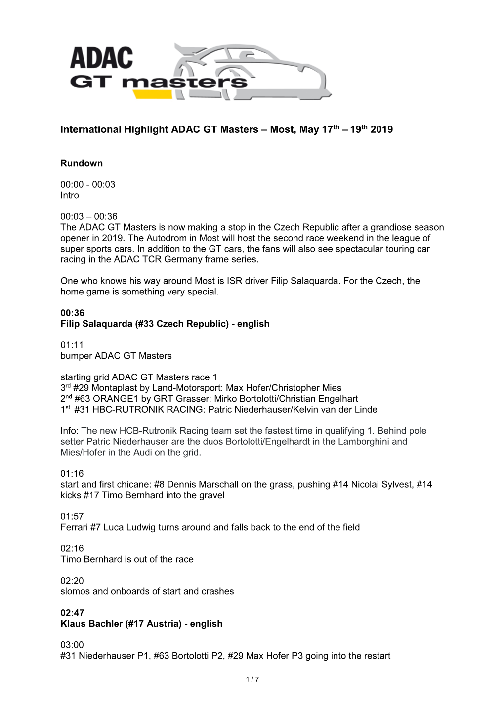 International Highlight ADAC GT Masters – Most, May 17Th – 19 Th 2019
