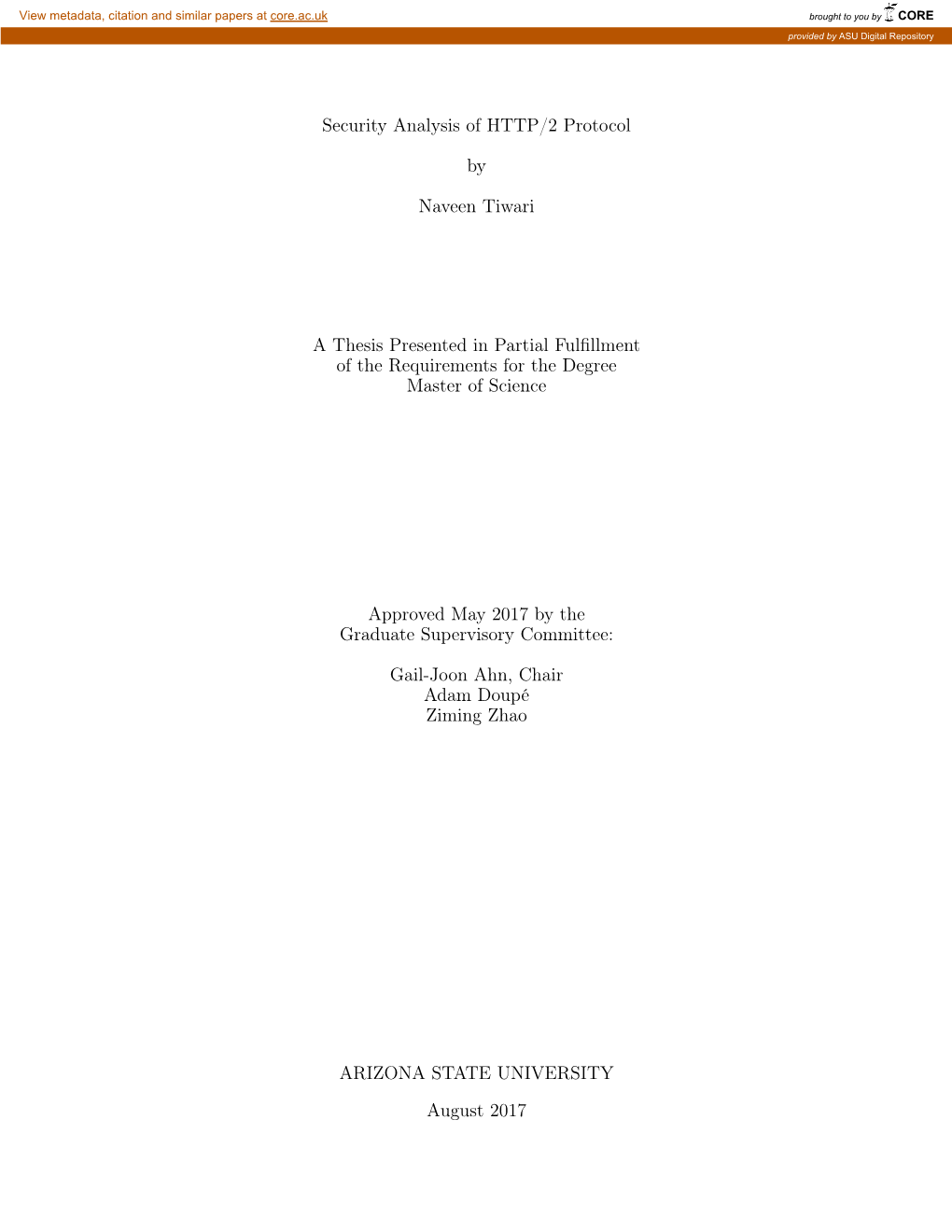 Security Analysis of HTTP/2 Protocol by Naveen Tiwari a Thesis Presented in Partial Fulfillment of the Requirements for the Degr