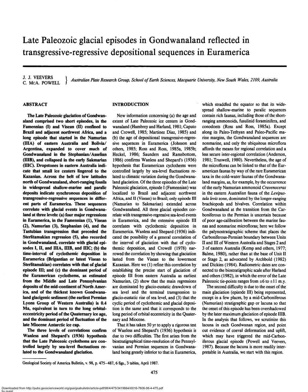 Late Paleozoic Glacial Episodes in Gondwanaland Reflected in Transgressive-Regressive Depositional Sequences in Euramerica