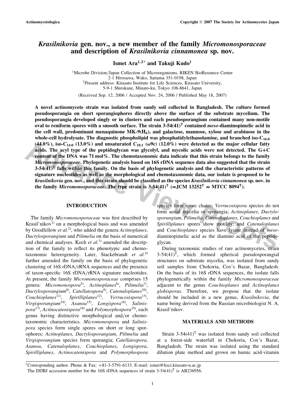 Krasilnikovia Gen. Nov., a New Member of the Family Micromonosporaceae and Description of Krasilnikovia Cinnamonea Sp