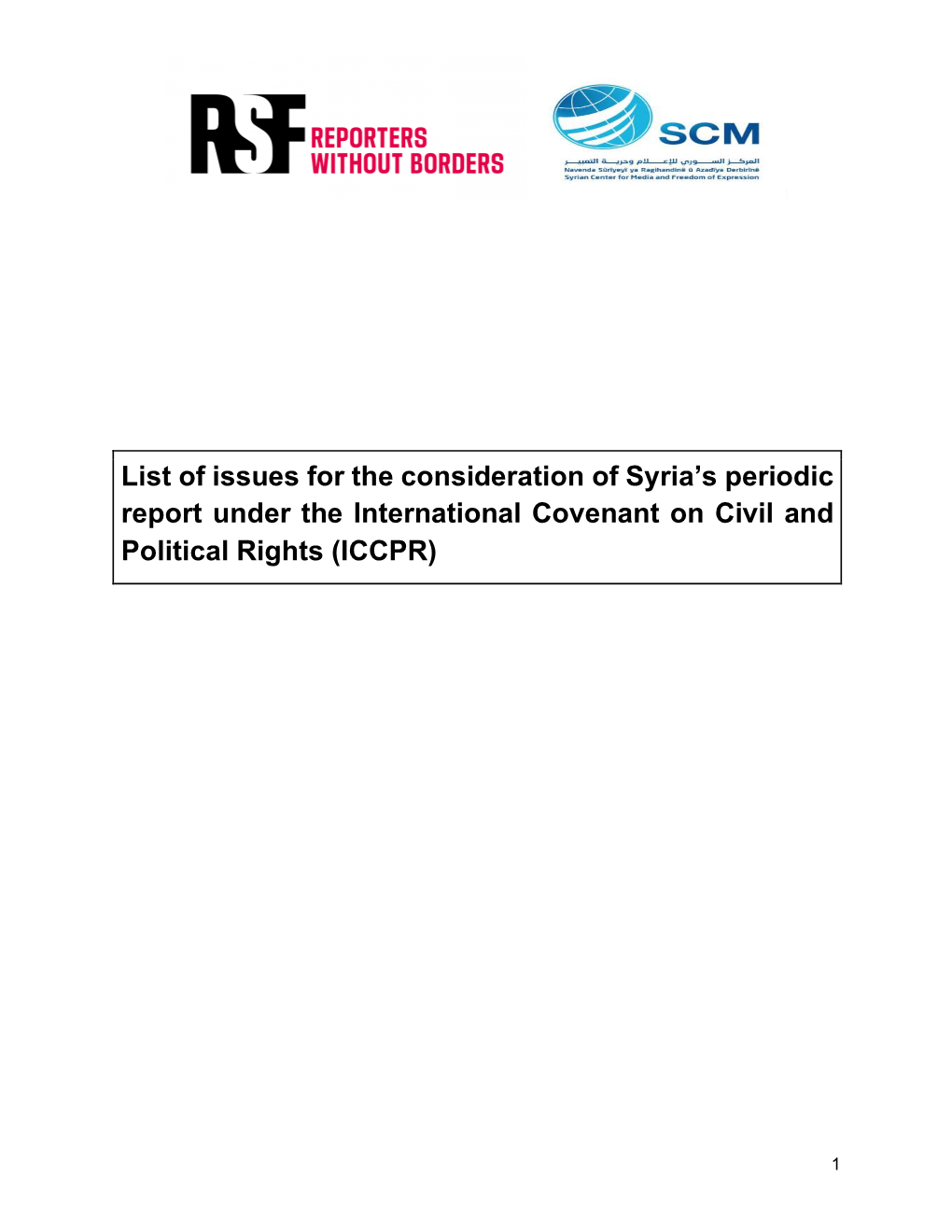 List of Issues for the Consideration of Syria's Periodic Report Under The
