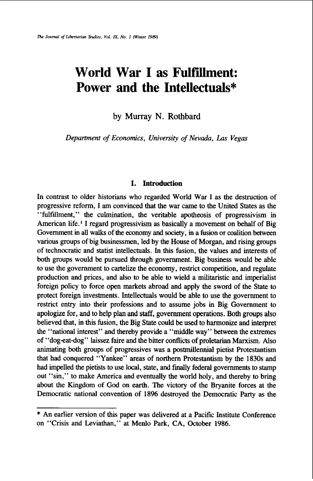 World War I As Fulfillment: Power and the Intellectuals*