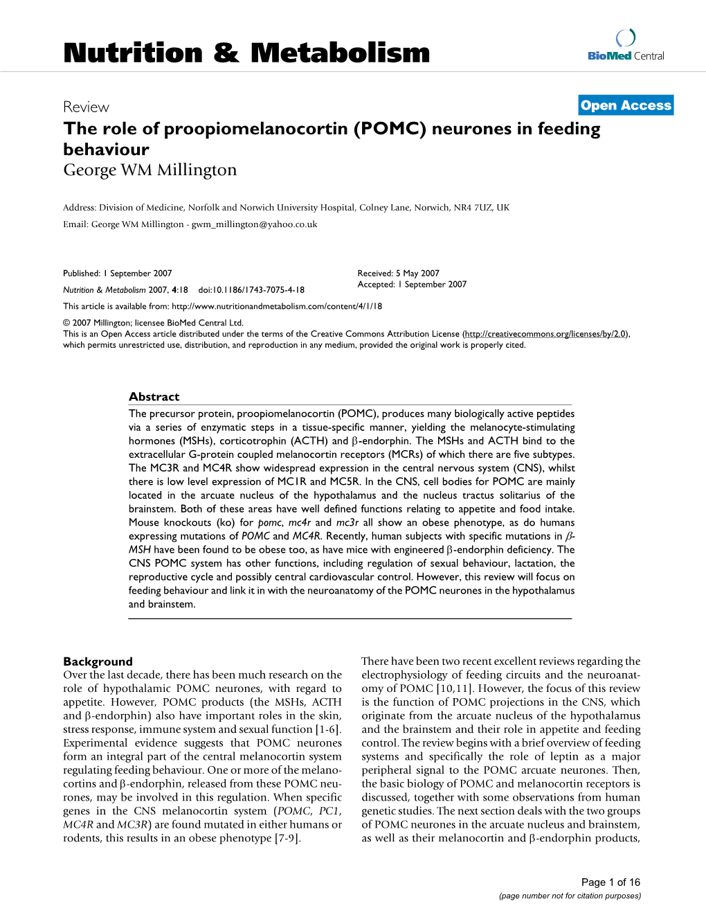 The Role of Proopiomelanocortin (POMC) Neurones in Feeding Behaviour George WM Millington