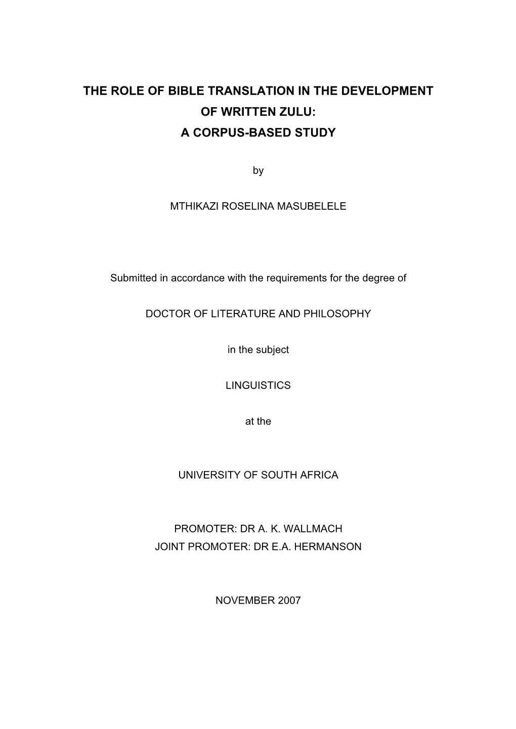 The Role of Bible Translation in the Development of Written Zulu: a Corpus-Based Study