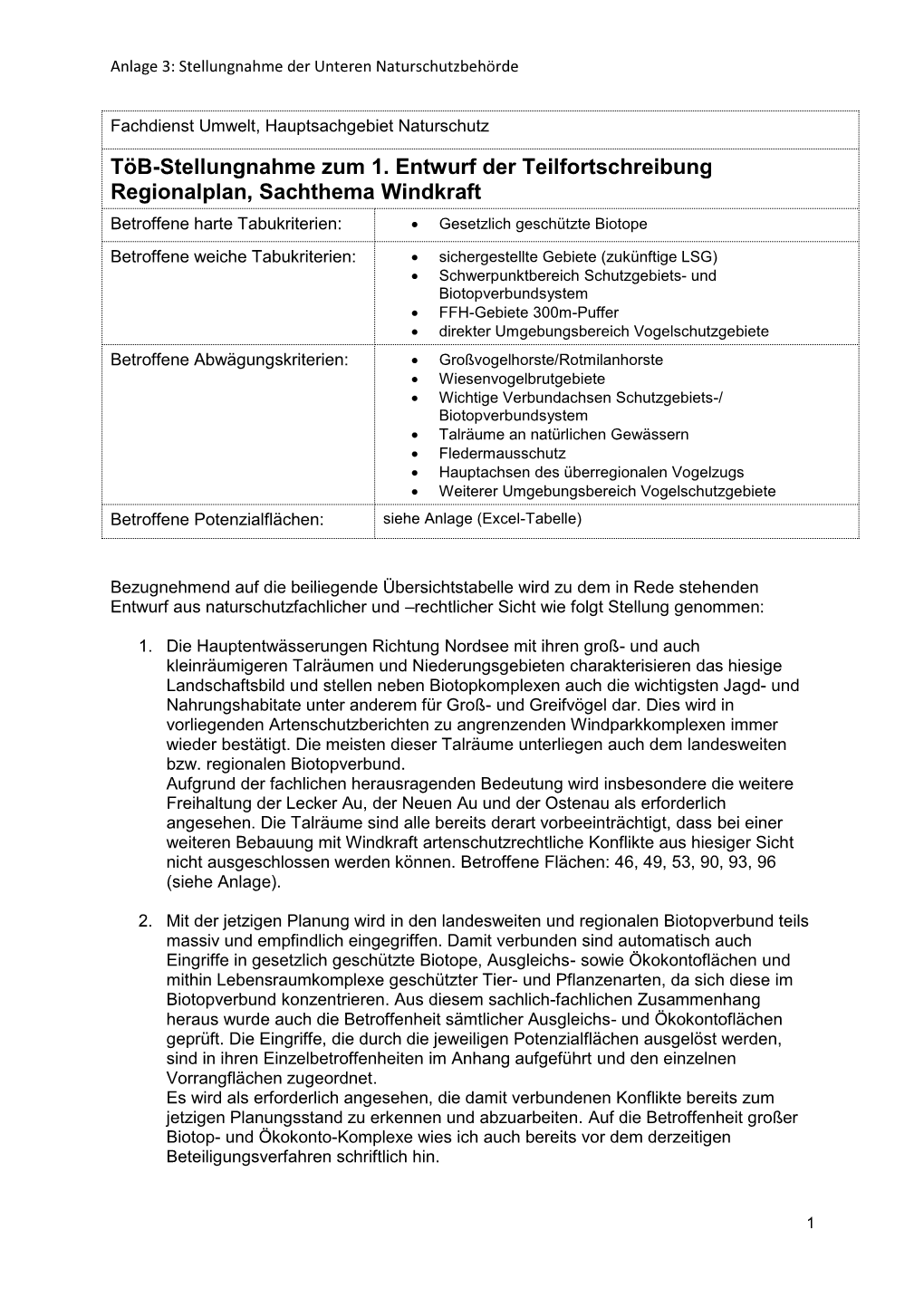 Töb-Stellungnahme Zum 1. Entwurf Der Teilfortschreibung Regionalplan, Sachthema Windkraft Betroffene Harte Tabukriterien: Gesetzlich Geschützte Biotope