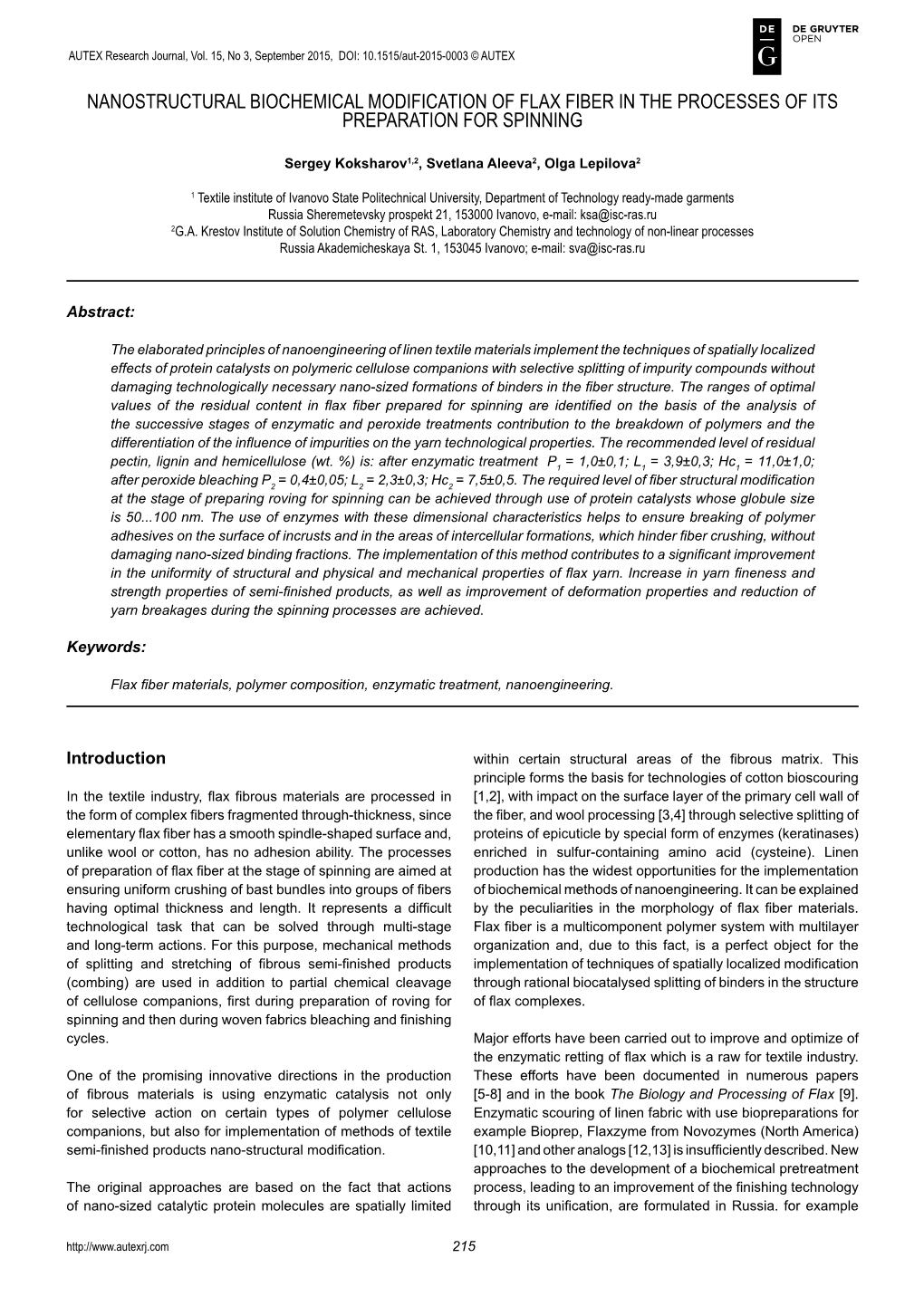 Nanostructural Biochemical Modification of Flax Fiber in the Processes of Its Preparation for Spinning