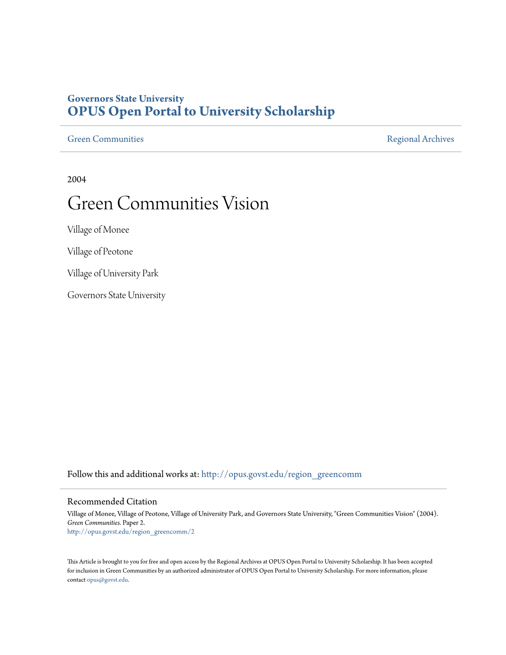 Green Communities Vision Village of Monee