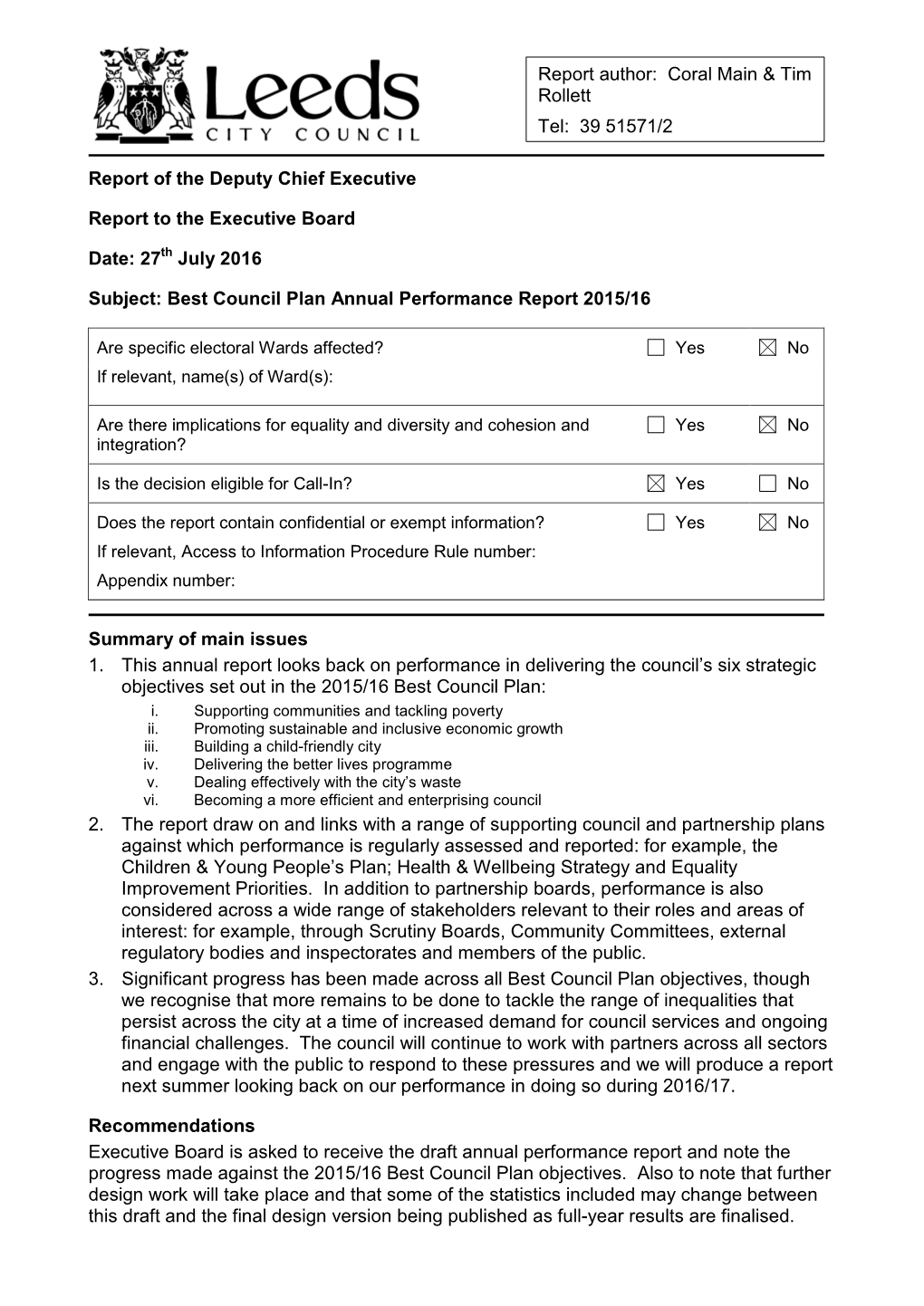 July 2016 Subject: Best Council Plan Annual Performance Report 2015/16