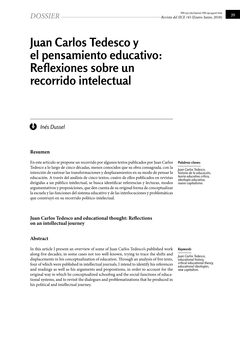 Juan Carlos Tedesco Y El Pensamiento Educativo: Reflexiones Sobre Un Recorrido Intelectual