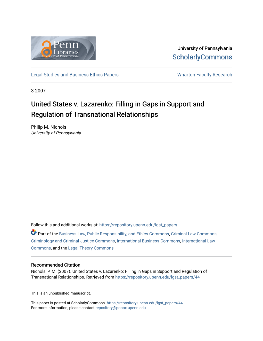 United States V. Lazarenko: Filling in Gaps in Support and Regulation of Transnational Relationships