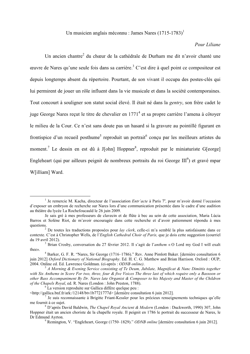 Un Musicien Anglais Méconnu : James Nares (1715-1783) Pour Liliane Un Ancien Chantre Du Chœur De La Cathédrale De Durham Me D