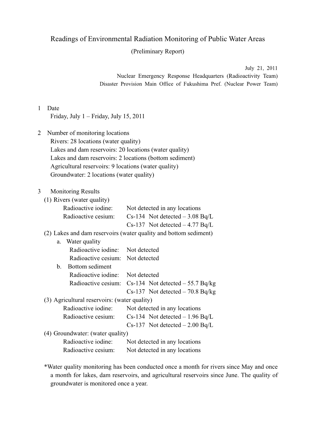 Readings of Environmental Radiation Monitoring of Public Water Areas (Preliminary Report)