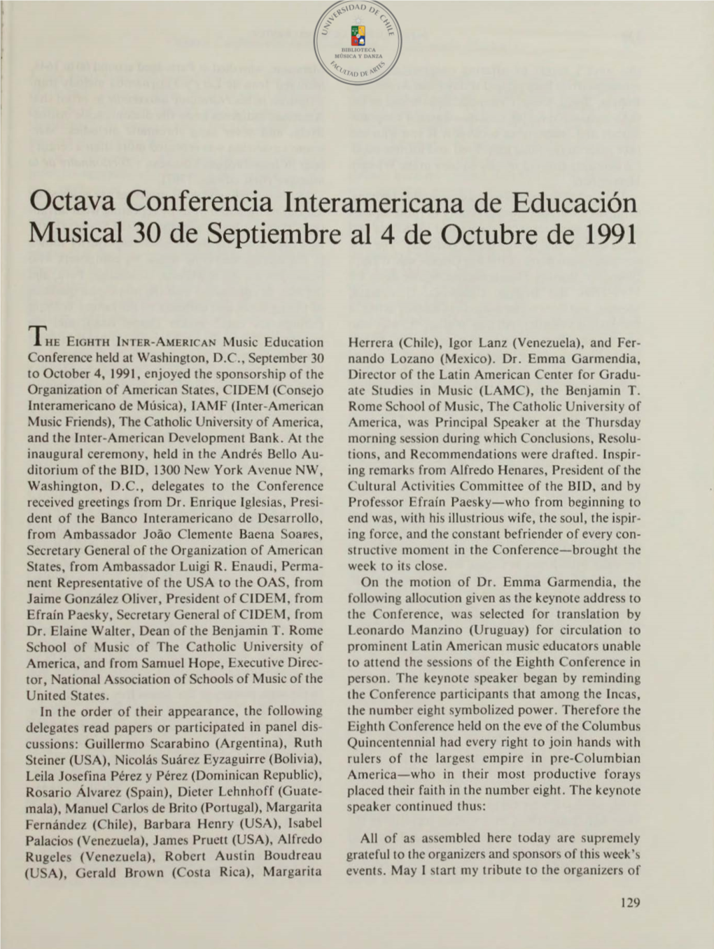 Octava Conferencia Interamericana De Educación Musical 30 De Septiembre Al 4 De Octubre De 1991