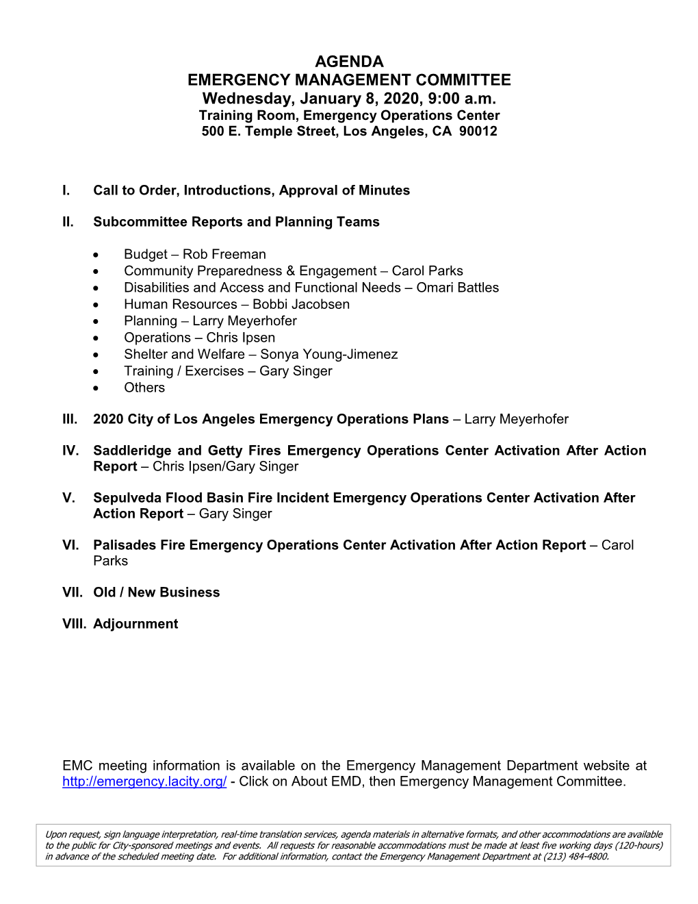 AGENDA EMERGENCY MANAGEMENT COMMITTEE Wednesday, January 8, 2020, 9:00 A.M