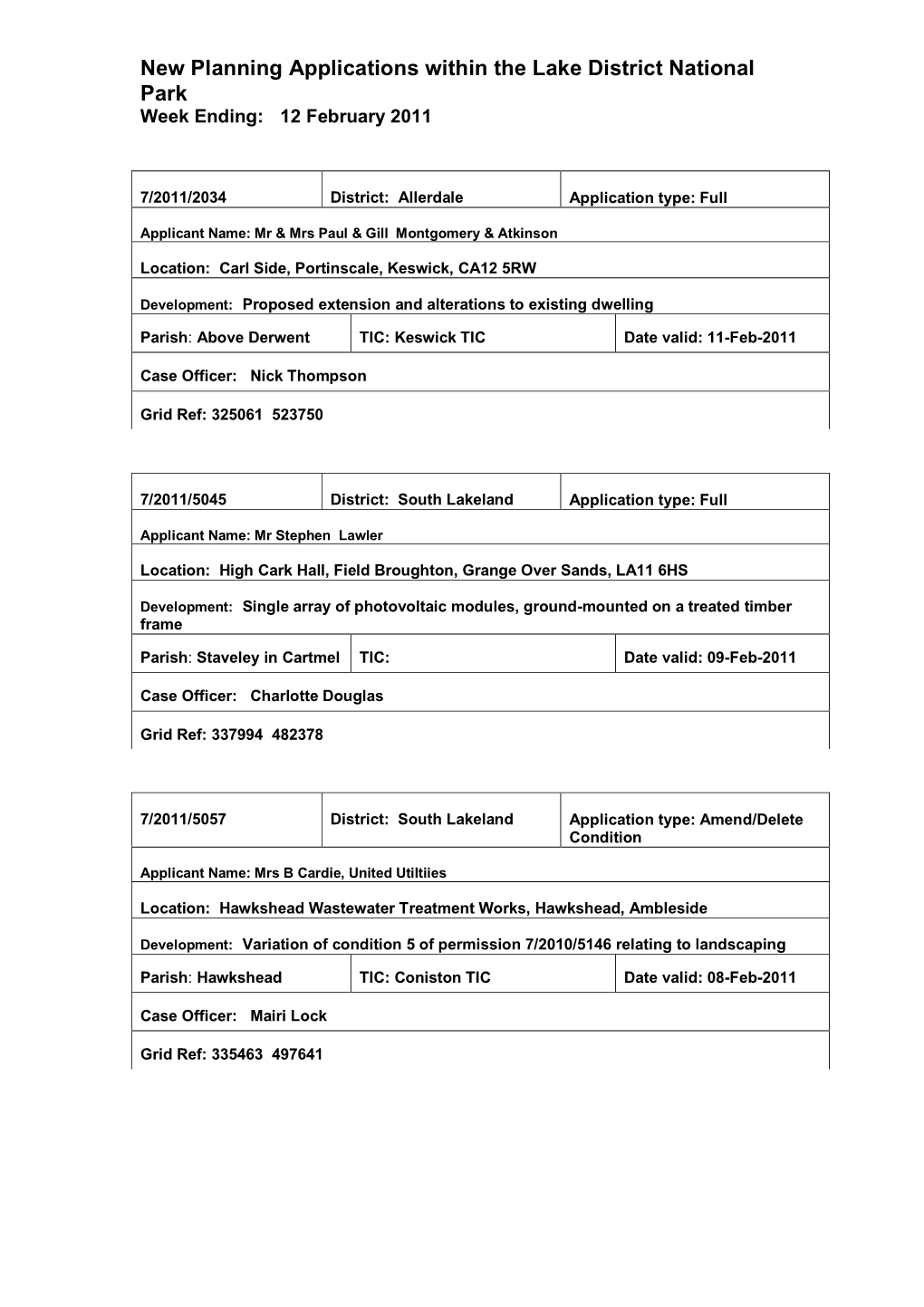 New Planning Applications Within the Lake District National Park Week Ending: 12 February 2011