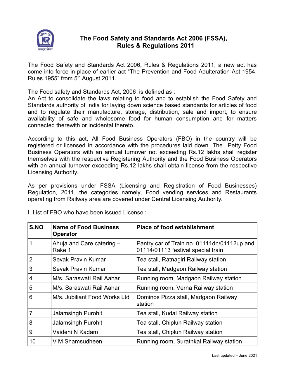 Food Safety and Standards Act 2006 (FSSA), Rules & Regulations 2011