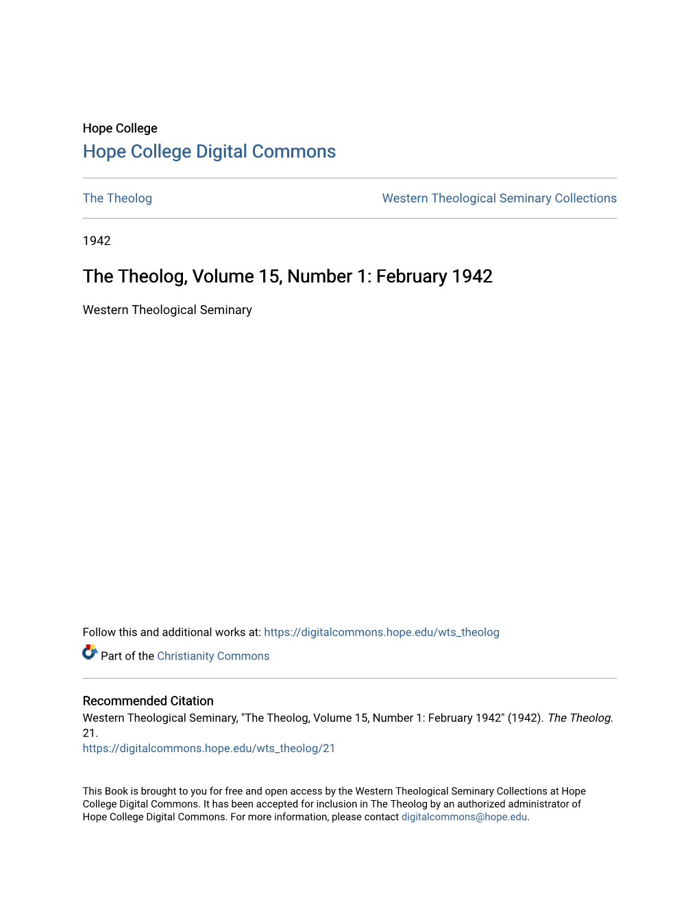 The Theolog, Volume 15, Number 1: February 1942