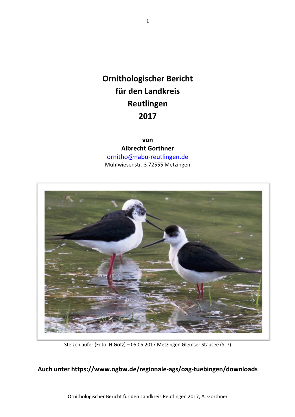 Ornithologischer Bericht Für Den Landkreis Reutlingen 2017
