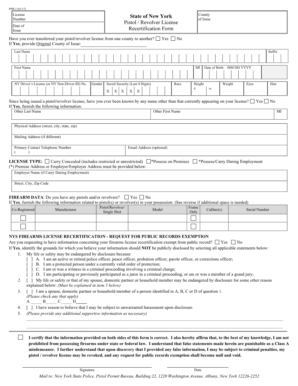 State of New York Pistol / Revolver License Recertification Form