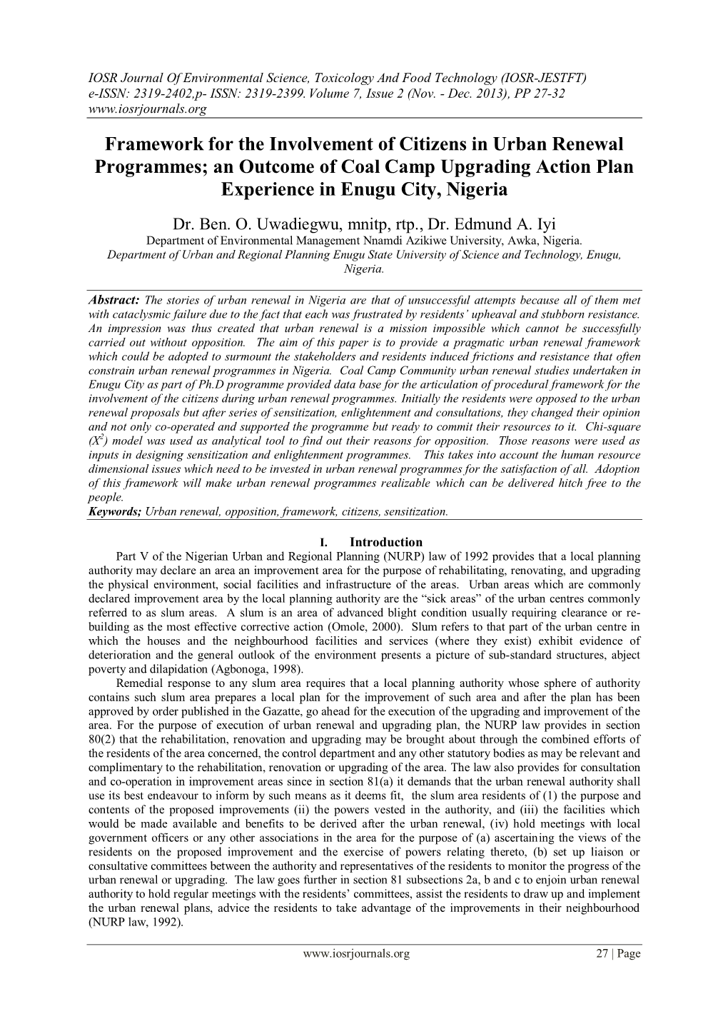 Framework for the Involvement of Citizens in Urban Renewal Programmes; an Outcome of Coal Camp Upgrading Action Plan Experience in Enugu City, Nigeria