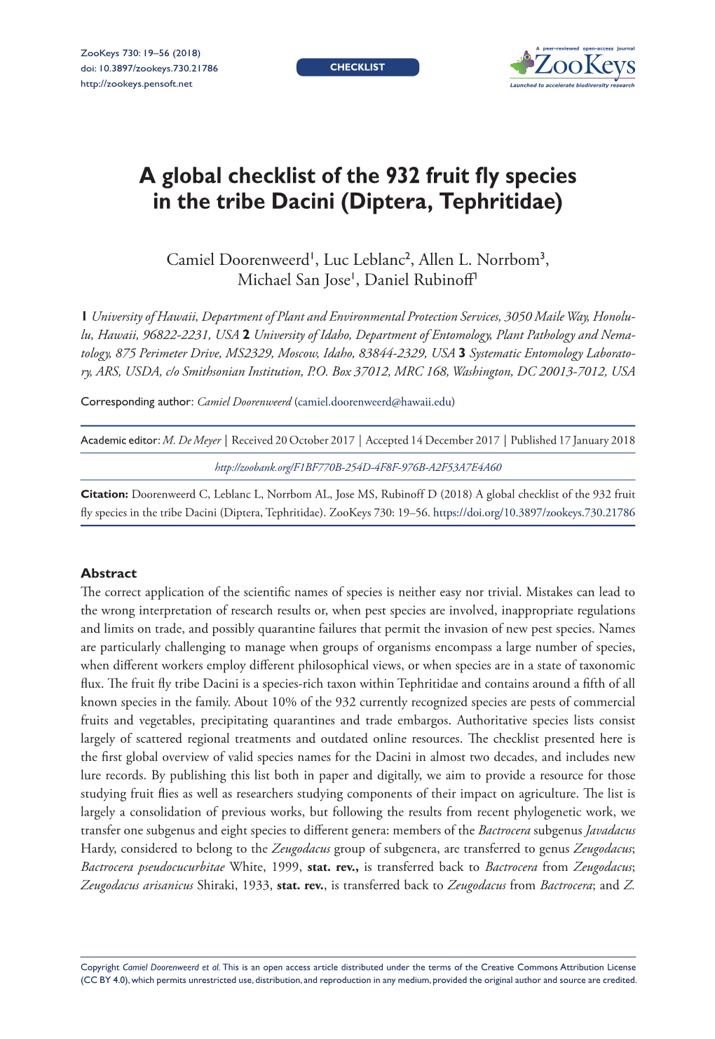 ﻿A Global Checklist of the 932 Fruit Fly Species in the Tribe Dacini (Diptera, Tephritidae)